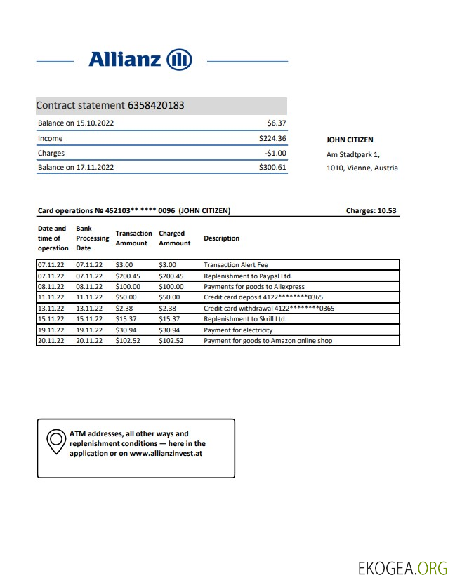 Autriche Relevé bancaire d'Allianz Investment Bank